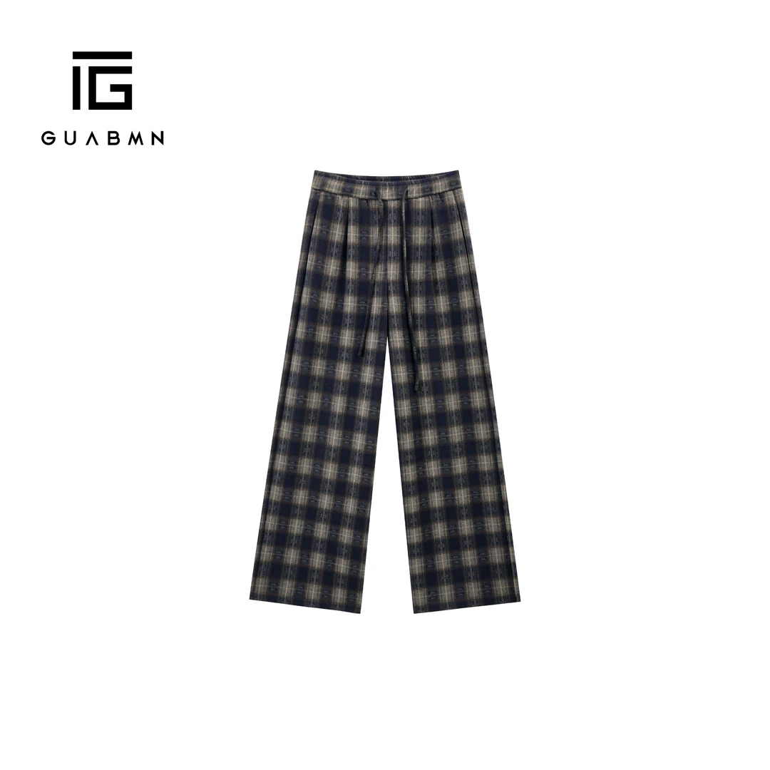 GUABMN2025冬季新款复古格子弯刀裤直筒宽松抽绳阔腿休闲长裤5932