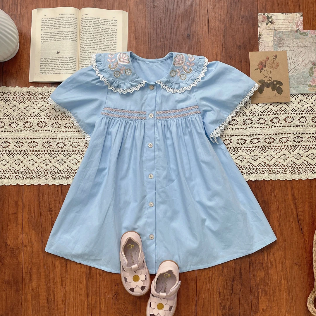 现！25夏季翻领圆领田园风女短袖衬衫娃娃领花边洋气蓝色连衣裙