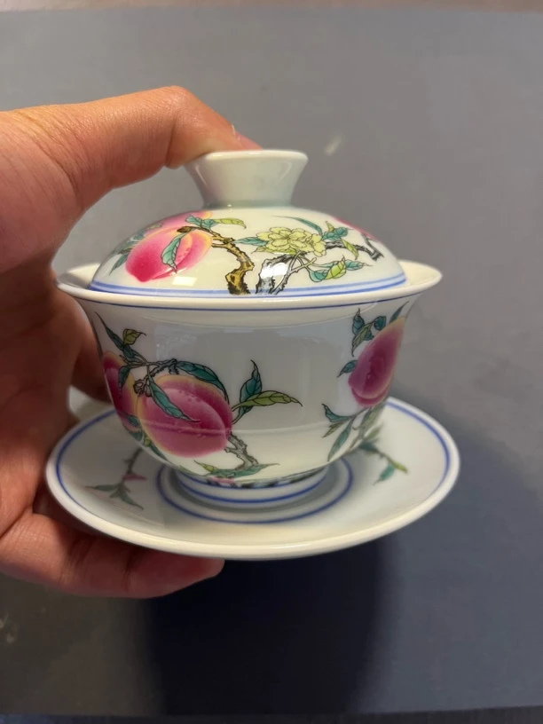 景德镇陶瓷粉彩寿桃三才盖碗九桃五福盖碗陶瓷盖碗泡茶盖碗