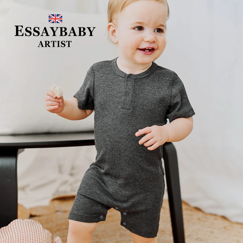 Essaybaby婴儿短袖连体衣2025夏装宝宝百天衣服黑色竹棉坑条哈衣