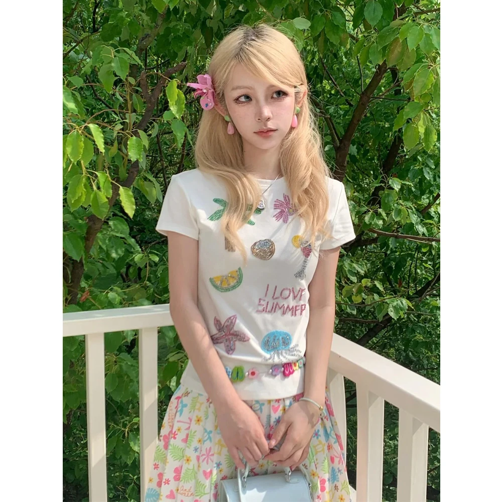 日系海岛风涂鸦印花短袖T恤女夏季圆领修身正肩显瘦百搭休闲上衣