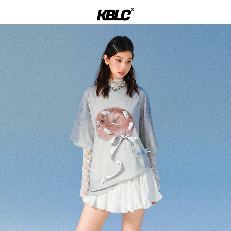 KBLC 夏季印花宽松短袖T恤男女同款印花脏染设计感贝果T恤百搭