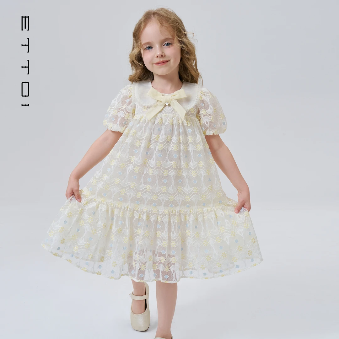 ETTOI爱多娃女童连衣裙甜美可爱泡泡袖大裙摆连衣裙