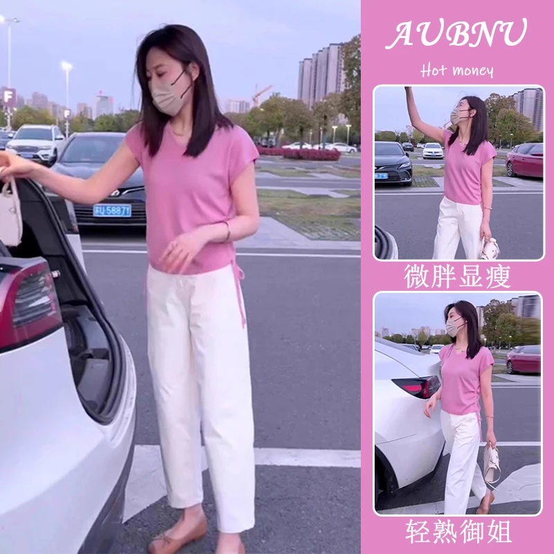 休闲风时尚两件套装粉色显瘦短袖高腰休闲裤小众炸街高级感套装