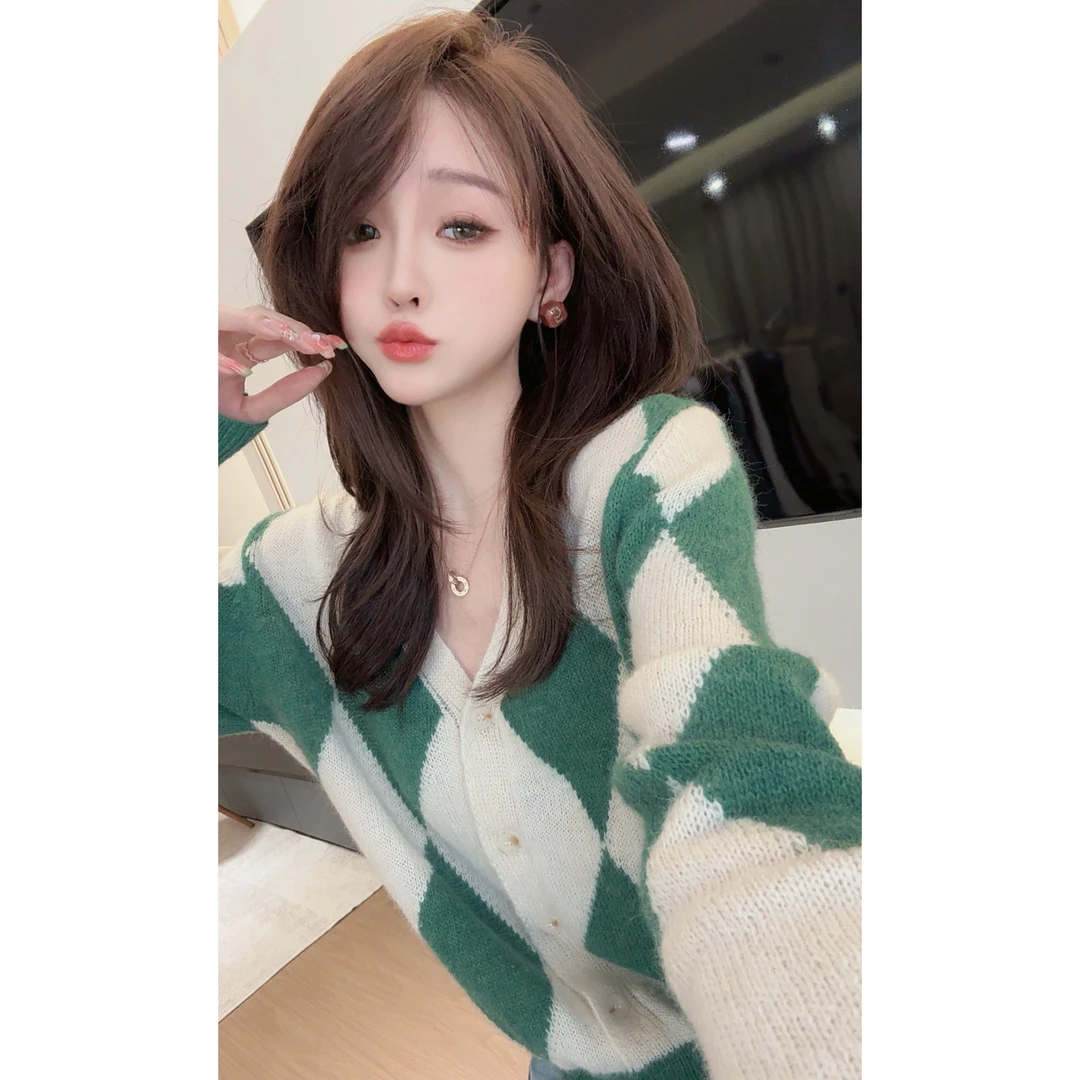 【CHEN】洋气设计感拼色菱格毛衣慵懒宽松长袖针织开衫25021605