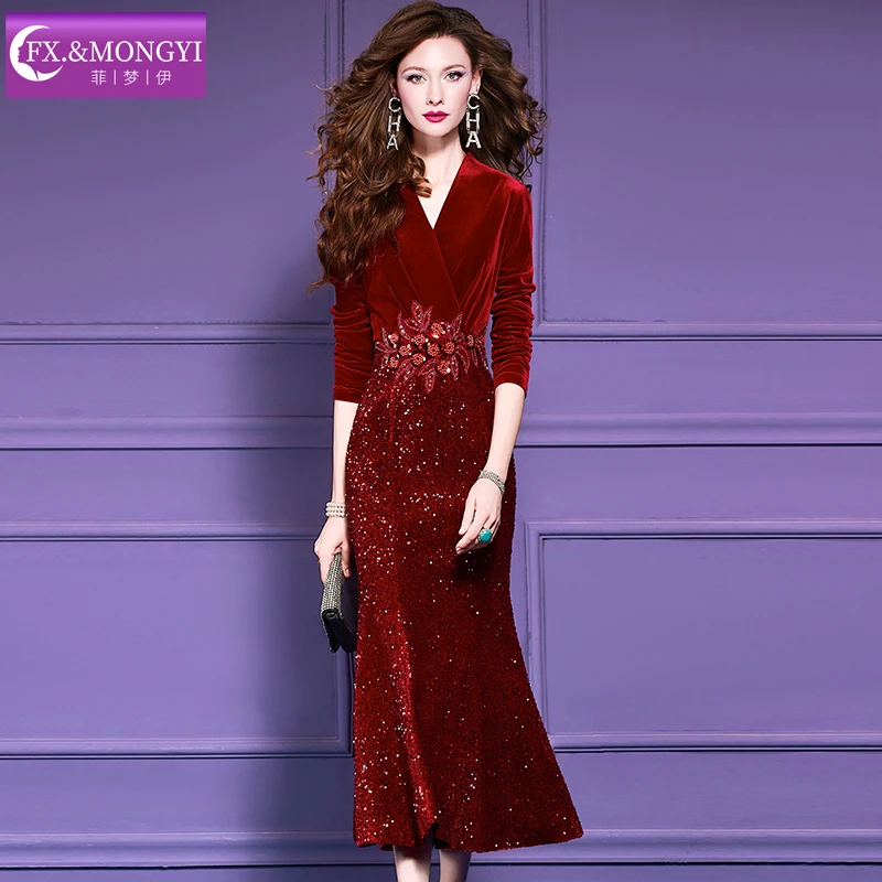 菲梦伊红色原创钉珠镶钻金丝绒连衣裙女轻熟高级收腰礼服裙66438