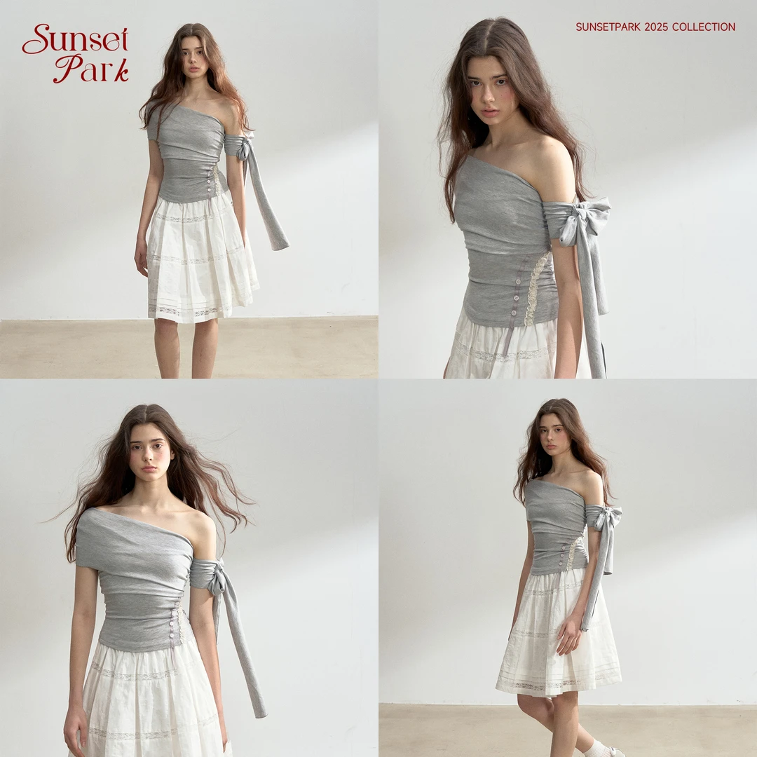 SunsetPark日落公园 "夏日疗愈"斜肩飘带设计莱赛尔一字肩T恤上衣