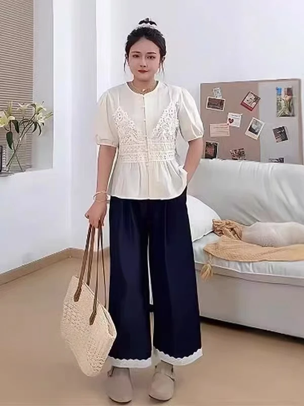 PDM-0392大码胖mm蕾丝花边裤子夏季210斤宽松休闲直筒阔腿裤女