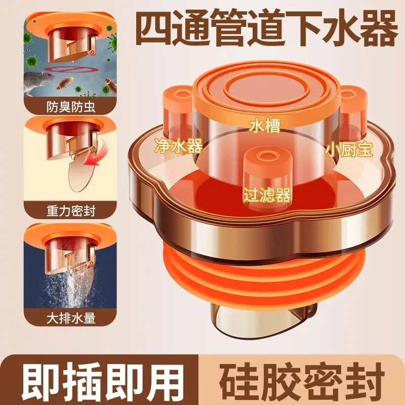 排水管厨房下水四通防臭止水阀  前置过滤器50/75通用分流器接头