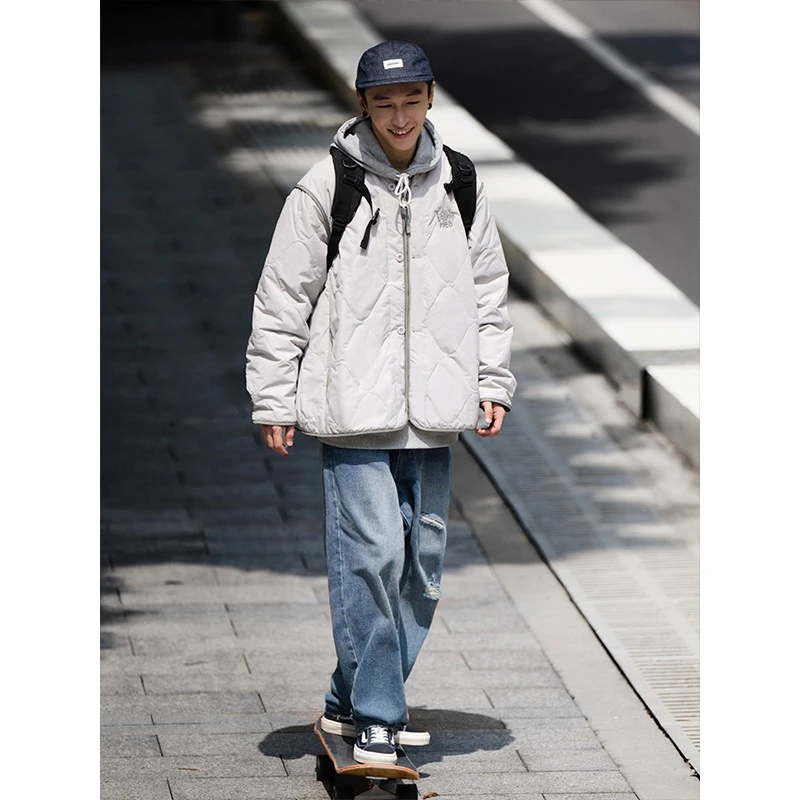 BELLKENIDEA早起工作室菱形格复古棉衣男女宽松日系潮情侣装棉服