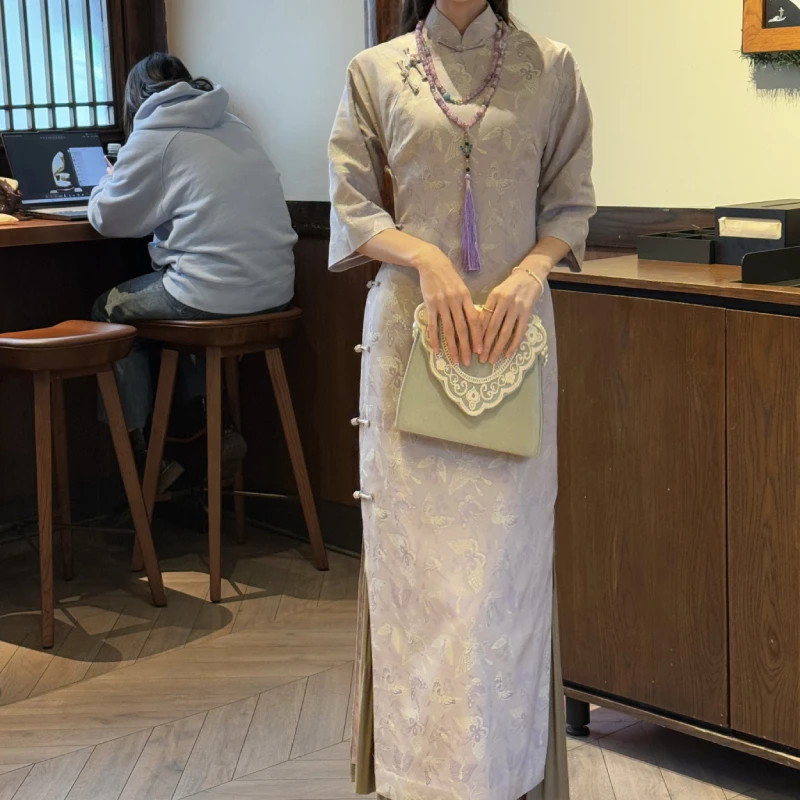 CT0001【紫霞仙子】灰紫色蝴蝶修身全开襟旗袍减龄气质高端日常新款