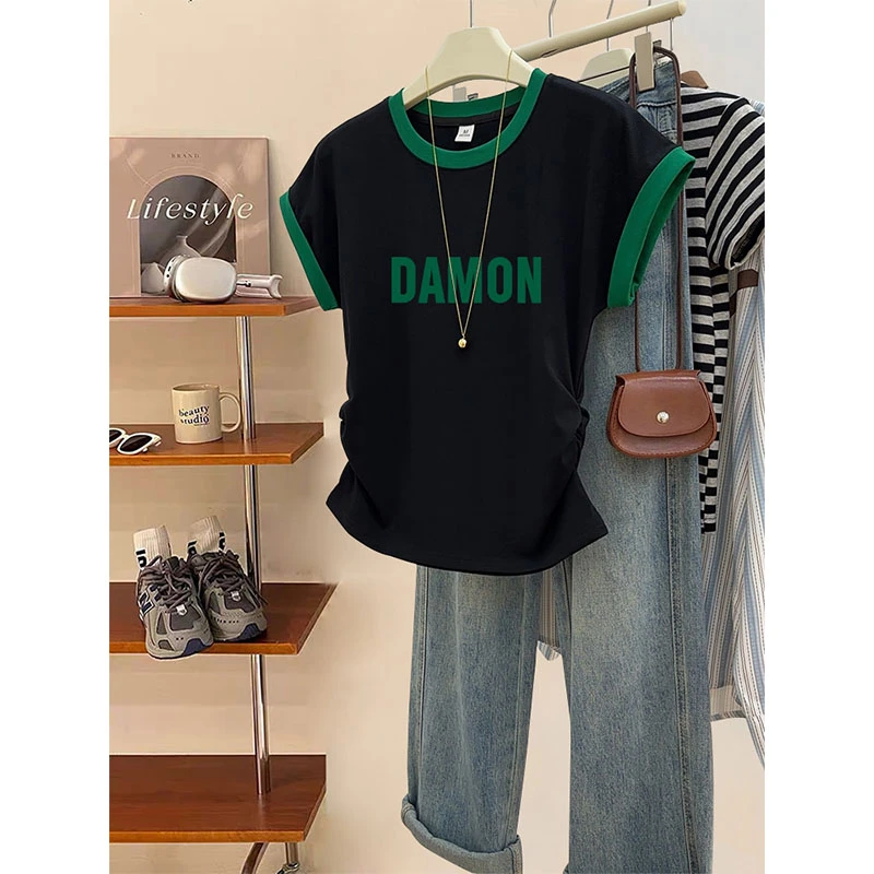 拼色小飞袖正肩收腰圆领短袖t恤女小众设计感洋气褶皱修身春夏季