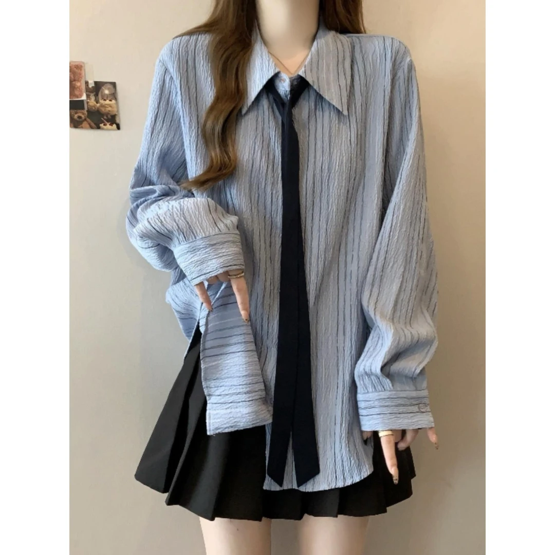 休闲领带长袖条纹衬衫女春秋款2025大码胖mm高级感气质Polo领上衣