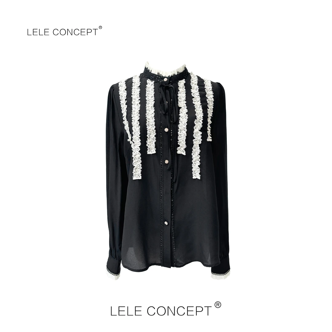 LELE CONCEPT丨法式气质优雅款中领白蕾丝边系带上衣S0850