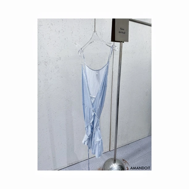 4005丨条子裹身可松紧荷叶摆吊带连衣裙