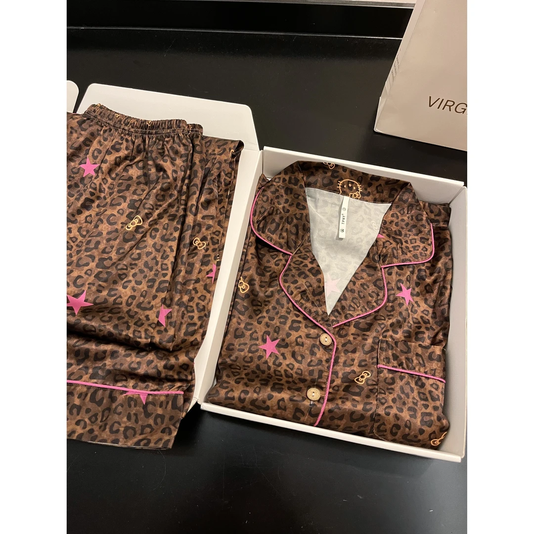 法式星星Kitty豹纹冰丝睡衣女春秋新款可外穿长袖长裤家居服套装