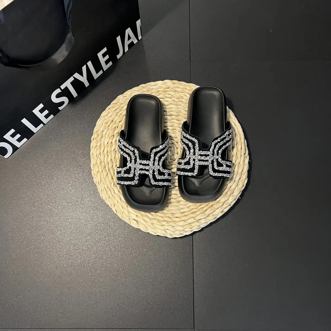 方头厚底水钻半拖鞋女款2025新款爆款夏季防滑脚感超适一字拖