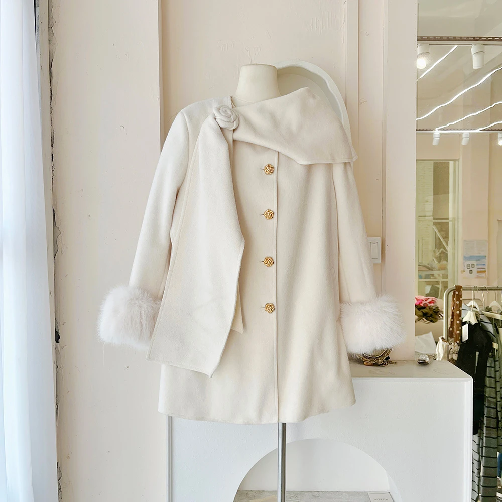 LHTE青青大码女装 冬款高级感轻奢毛呢斗篷大衣米色A5219