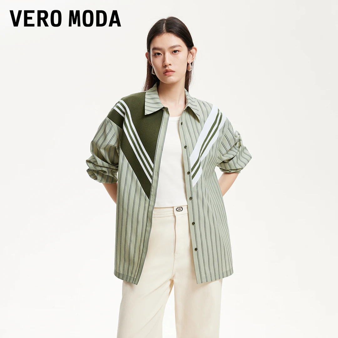 Vero Moda欧若风衬衫商场同款针织拼接条纹衬衫薄荷曼波325105028