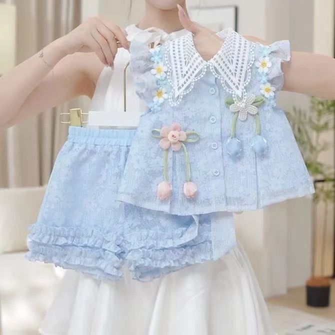 女童夏季新款1225中式时尚郁金香花边领无袖上衣洋气短裤两件套潮