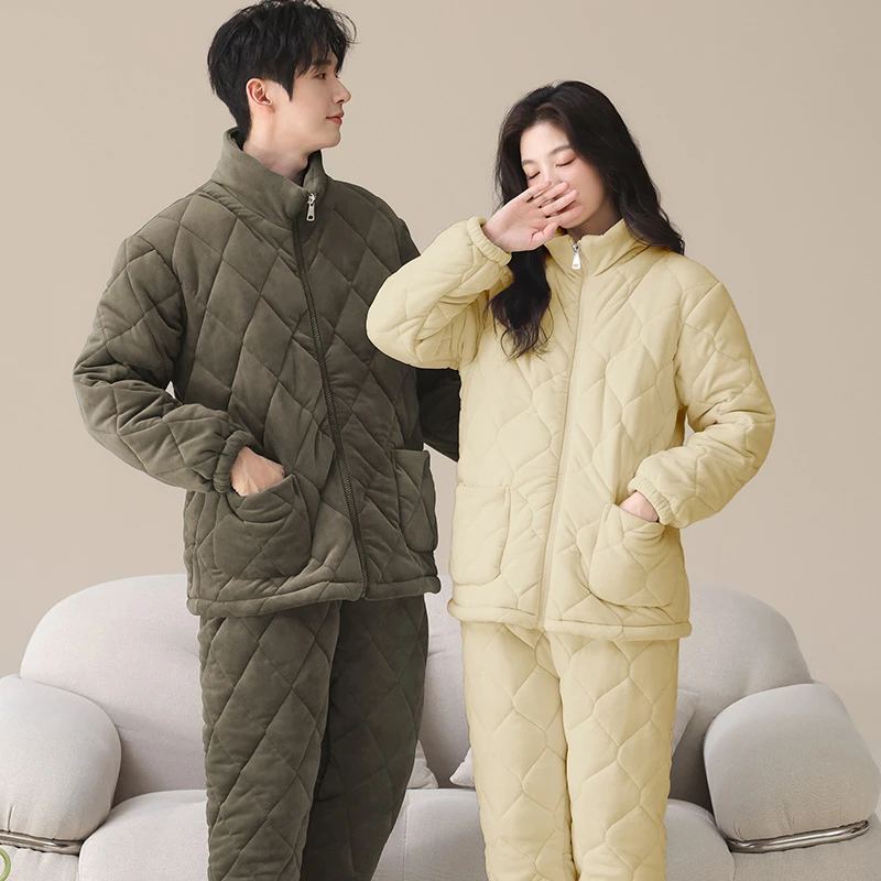 2025新款情侣睡衣冬季加厚加绒保暖长袖夹棉家居服男女套装可外穿