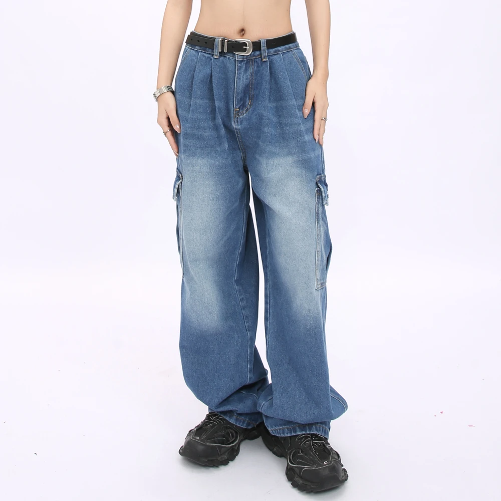 Voguo Relay韩风阔腿多口袋工装牛仔裤情侣装设计感直筒裤男女