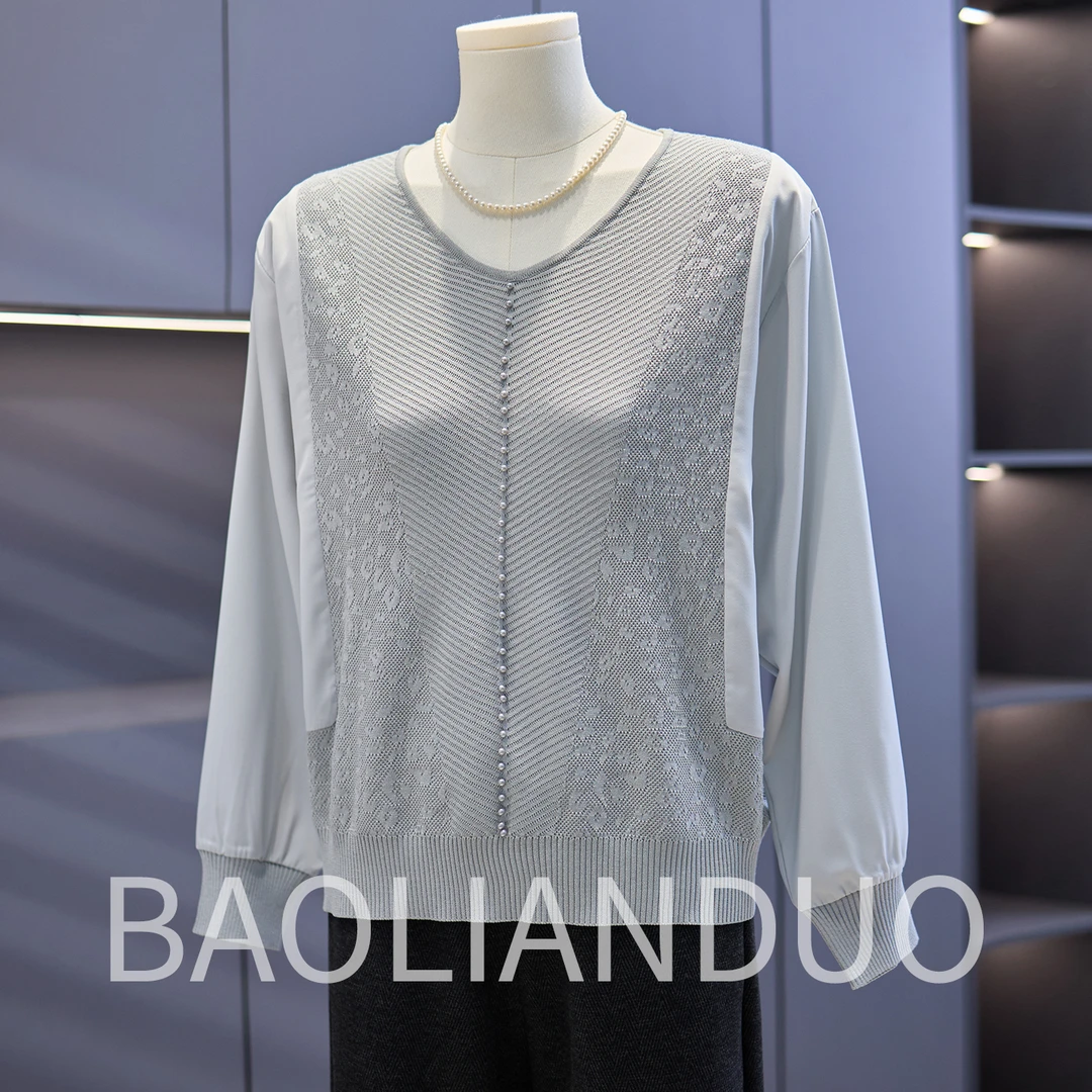 【宝莲朵】洋气妈妈秋装纱袖T恤中年女装新款上衣服春秋拼接针织衫