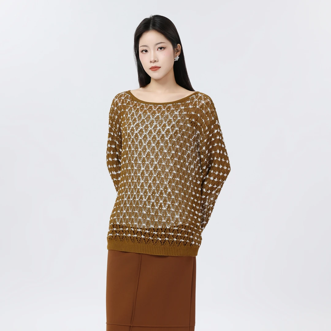 GIRDEAR/哥弟早春新款慵懒风镂空上衣百搭菱形圆领针织衫138037