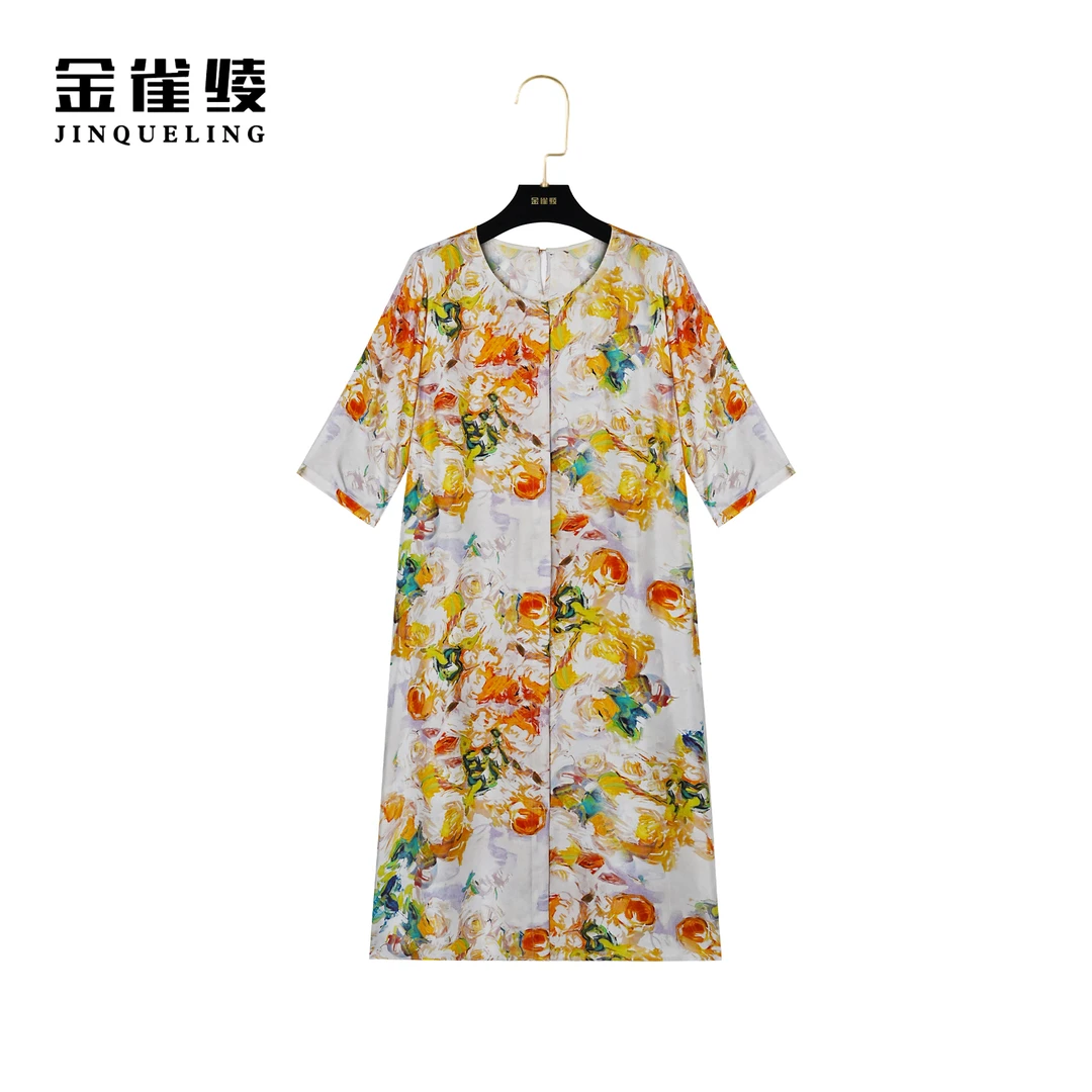 金雀绫【莫奈花园】夏季桑蚕丝法式艺术气质印花时尚连衣裙B23011