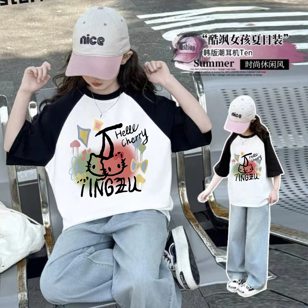 韩系插肩袖女童短袖T恤2025夏装新款儿童宽松上衣女大童夏季半袖t