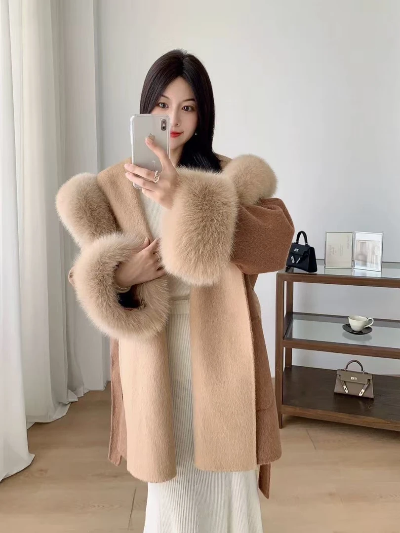 超大狐狸毛领秋冬双面羊毛呢连帽收腰大衣女