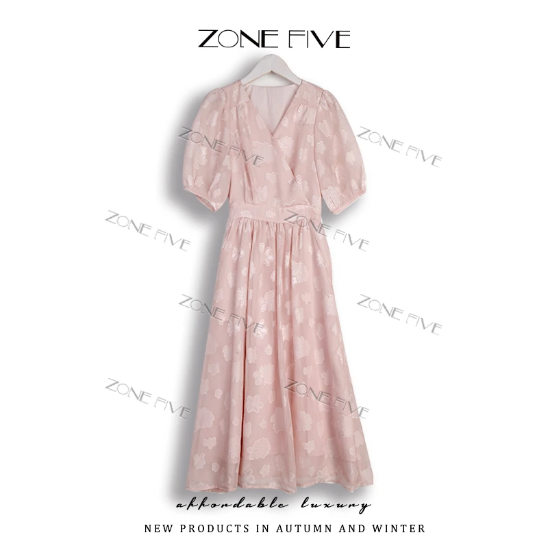 zonefive常规碎花夏季中灯笼袖法式连衣裙显瘦高智淡人风9027
