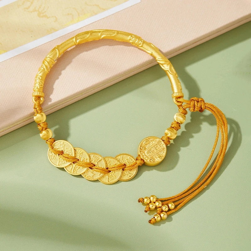 足银手镯 五帝钱吉言半镯银镯子女五路财神钱币编织手绳节日礼物