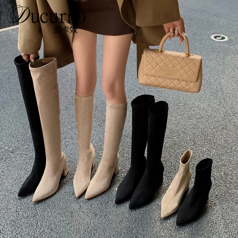 2025年秋冬韩版尖头粗跟小鸟腿弹力瘦瘦靴高跟过膝巨好看长筒靴女