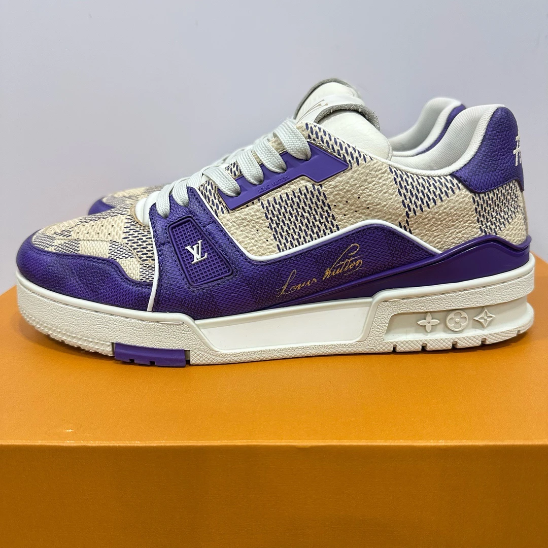 99新 LouisVuitton/路易威登 40码 trainer 白紫棋盘格 时尚板鞋