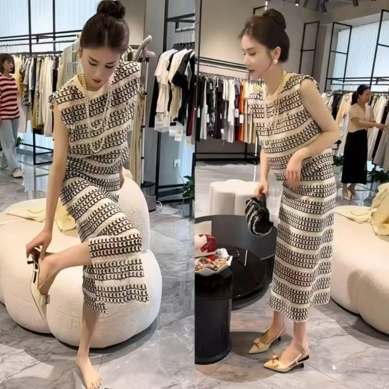 欧货条纹针织时尚套装裙夏季新款修身镂空气质开叉半裙无袖马甲潮