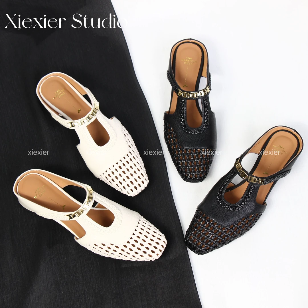xiexier,3cm, 编织镂空复古包头拖时尚透气法式凉鞋百搭女鞋