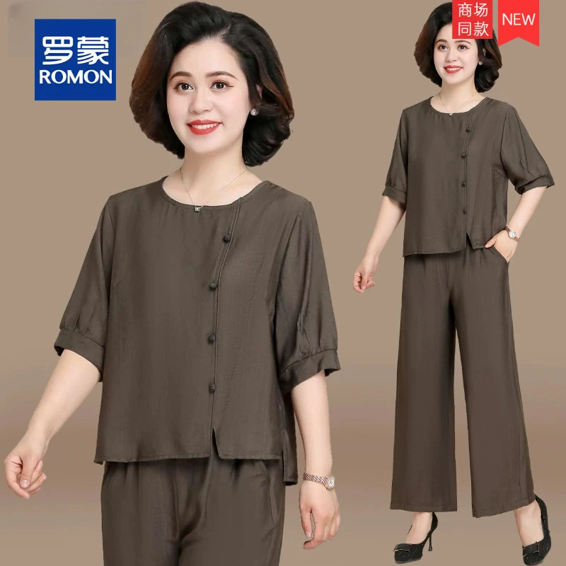 妈妈夏装套装女洋气2025新款中年女装棉麻t恤短袖中老年夏季上衣