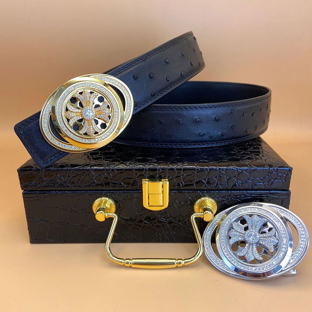 【鸵鸟皮腰带】新款真鸵鸟皮腰带男不锈钢时来运转男士皮带真皮裤带