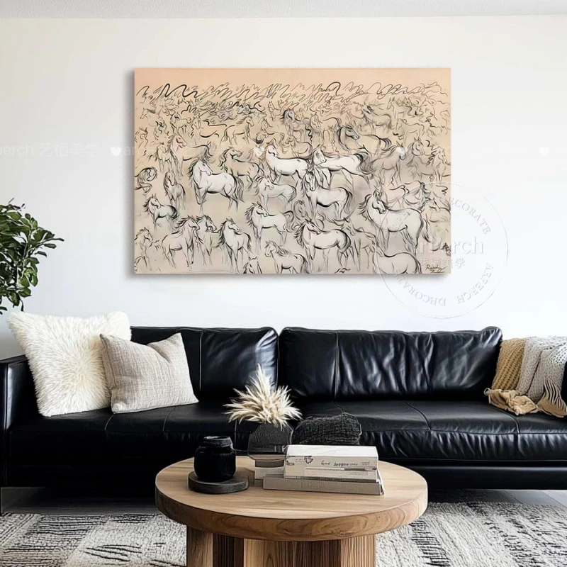 《千马踏平川》马年新中式中古客厅装饰画挂画实木框艺术马匹画