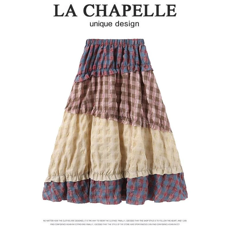 拉夏贝尔复古彩色格子半身裙女2025春季新款高腰a字拼接蛋糕伞裙