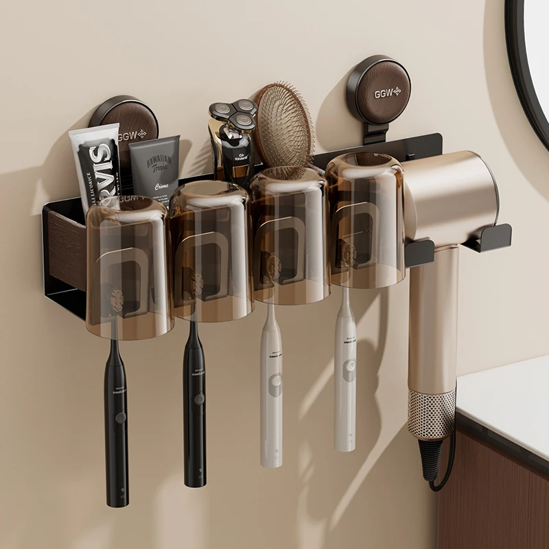 良品故事中古风吸盘牙刷架卫生间免打孔壁挂置物架塑木吹风机支架