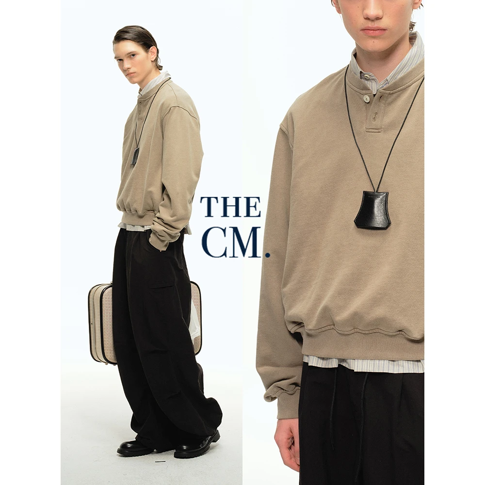 CountryMoment 美式复古做旧洗退亨利领短款套头卫衣男女Cleanfit