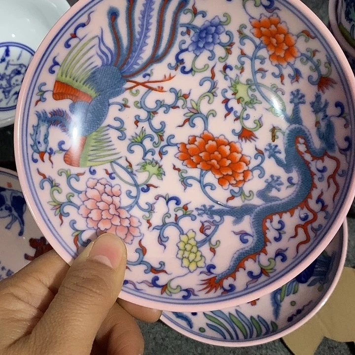 摆件陶红稀土5寸斗彩龙凤碟