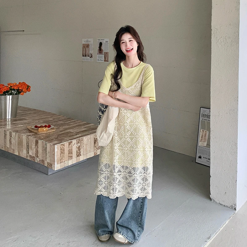 韩系减龄套装裙女夏季2025新款一整套T恤裙叠穿镂空罩衫裙两件套