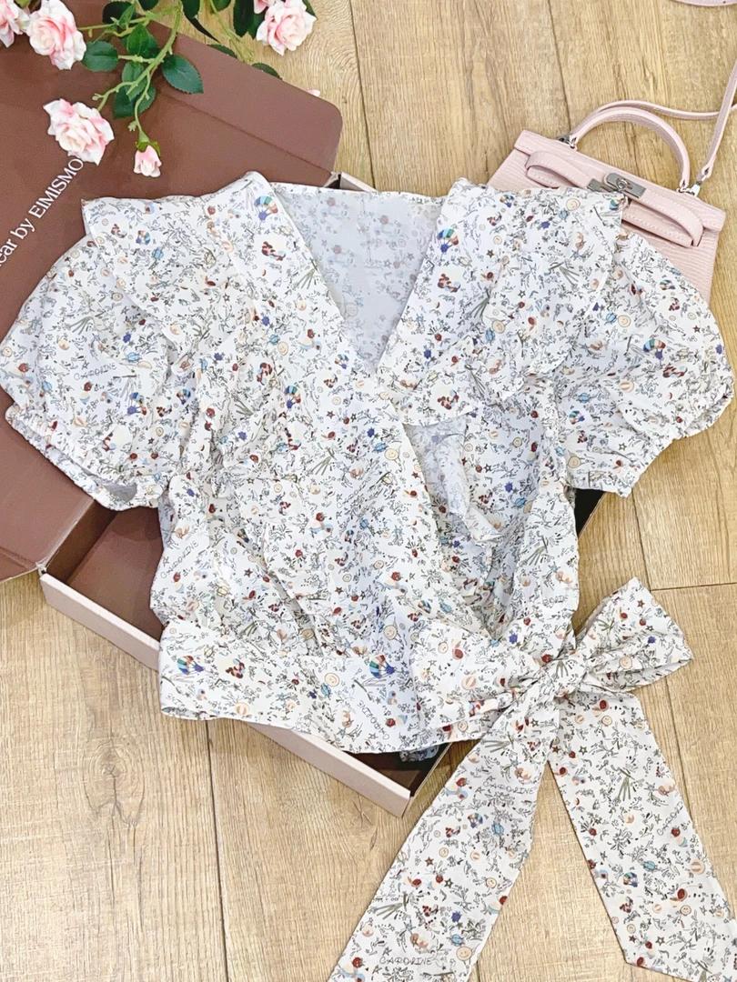 琳心丨夏季新款V领法式碎花交叉荷叶边显瘦百搭 0078