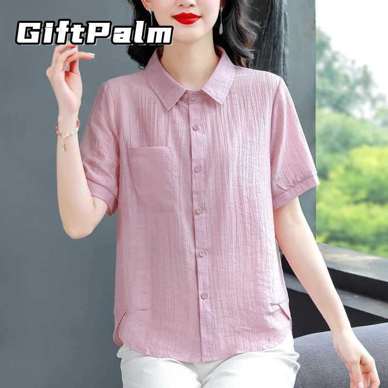 GiftPalm棉麻短袖衬衫女遮肚文艺复古上衣夏季新款中老年洋气小衫
