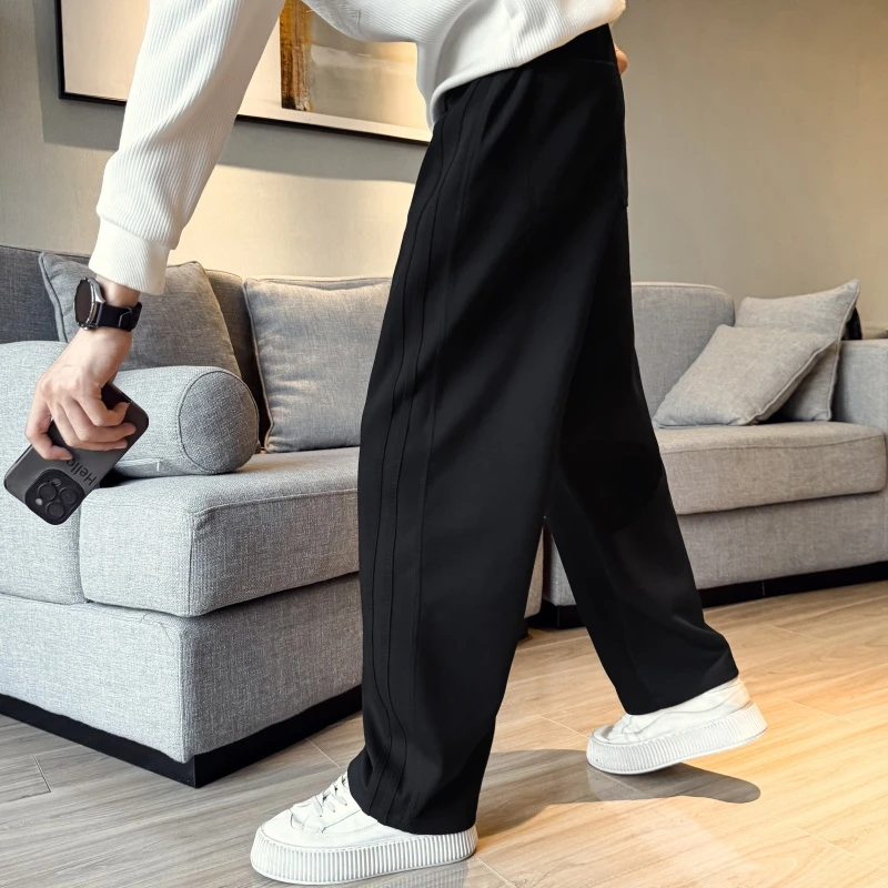 条纹卫裤男士春秋款轻奢痞帅直筒宽松运动冬装加绒加厚休闲长裤子