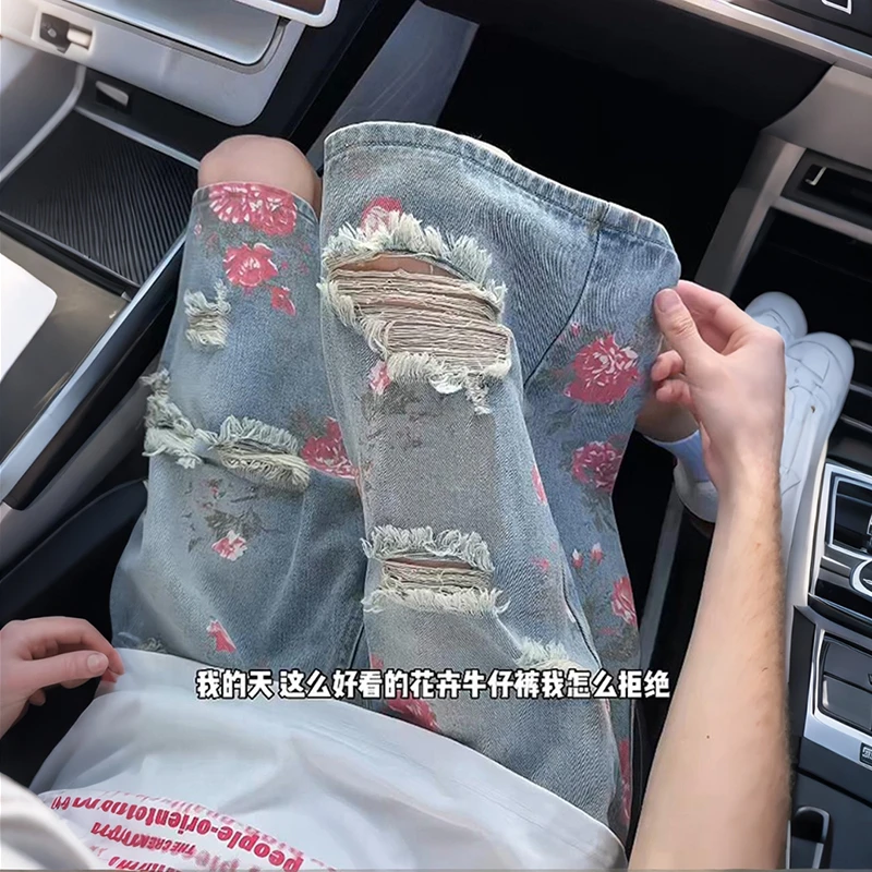 美式玫瑰印花破洞牛仔短裤潮牌男女款夏季cleanfit宽松直筒五分裤