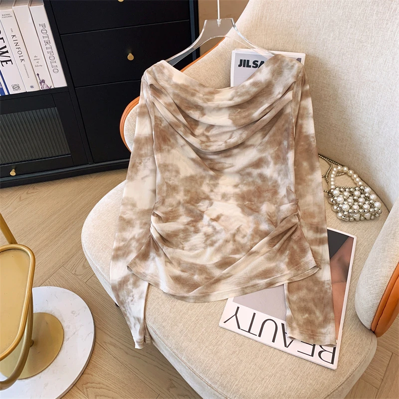 夏季薄款打底衫女设计感小众法式复古一字肩扎染网纱T恤上衣